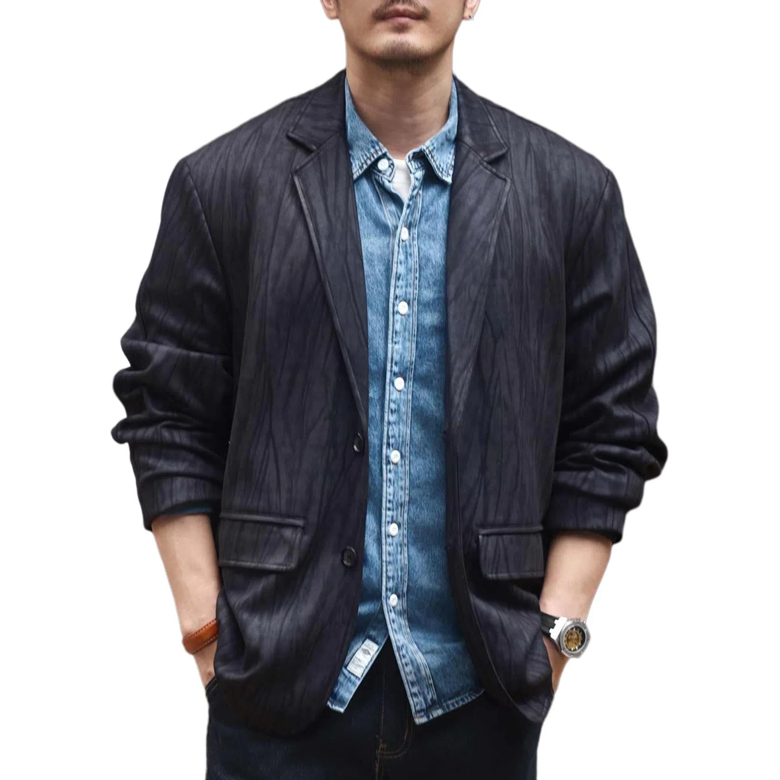 格蓝鹿 美式复古纹理感翻领长袖西装 男款 黑色