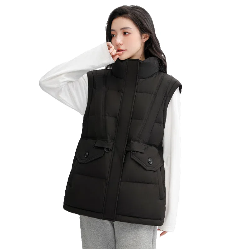 鸭鸭 立领抽绳收腰韩版时尚复古休闲羽绒马甲 女款