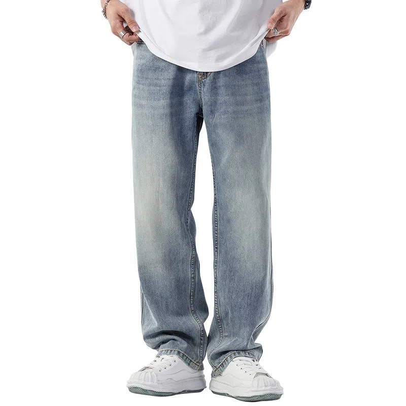 【dme】 基础款纯色时尚舒适百搭休闲阔腿长裤美式水洗宽松垂感直筒牛仔裤 男女同款 浅蓝色