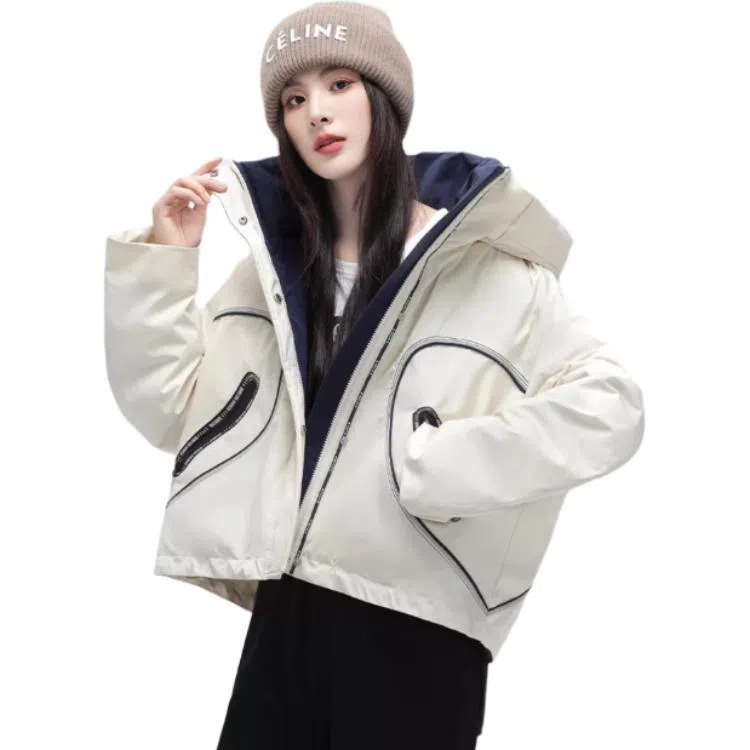 鸭鸭 通勤休闲设计感百搭短款显高小个子派克服连帽羽绒服 女款