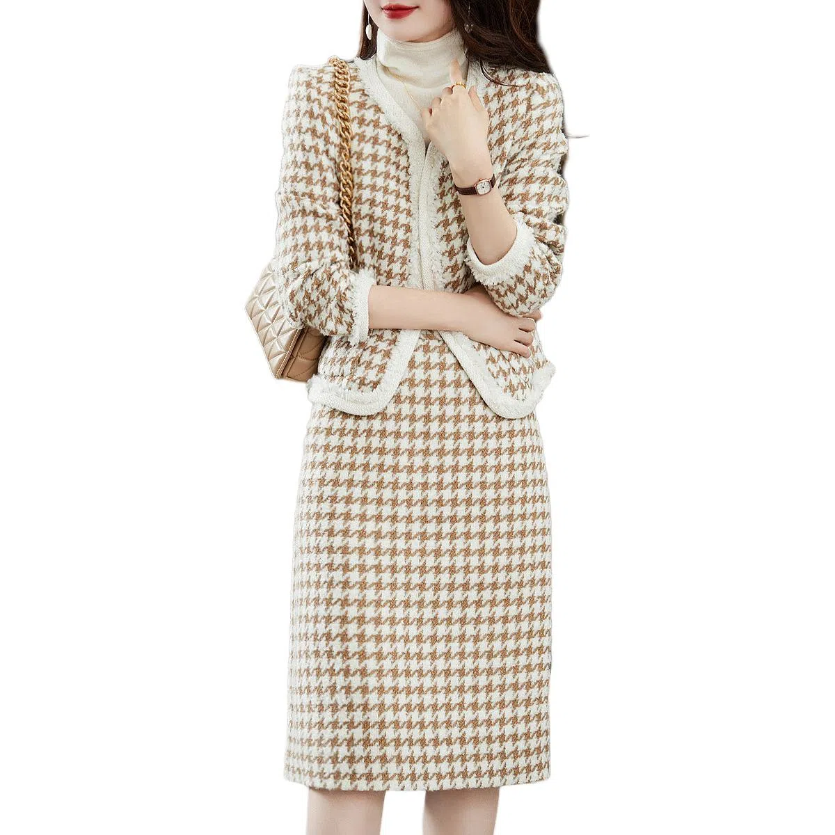 【dme】 圆领撞色千鸟格名媛两件套裙装套装 女款