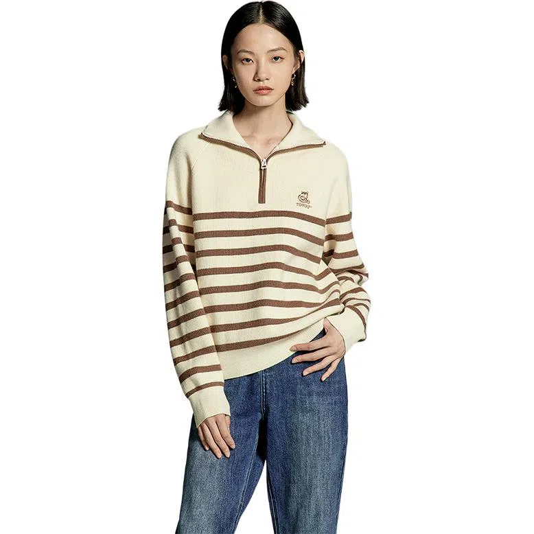 初语 拉链半领条纹套头洋气减龄加厚宽松毛衣针织衫 女款