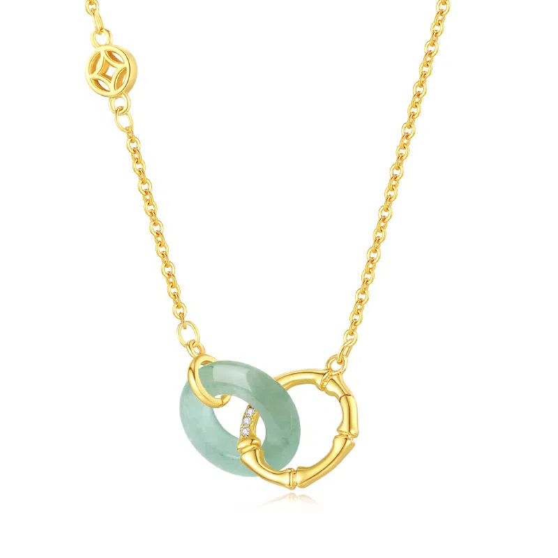 福茹记 竹扣平安 钱币铜钱新中式环环相扣 招财#好运 小众设计清雅绿色日常百搭显白 东陵玉 项链 女款