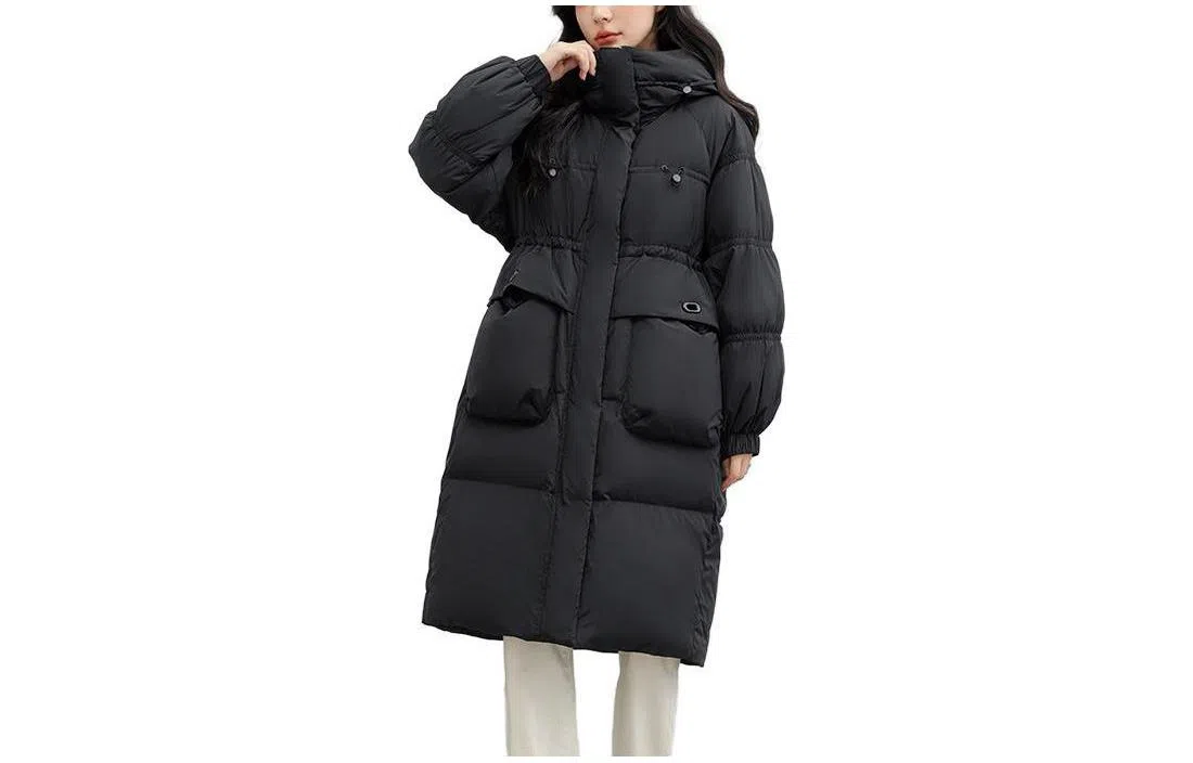 鸭鸭 撞色连帽加厚保暖长款长袖羽绒服 女款