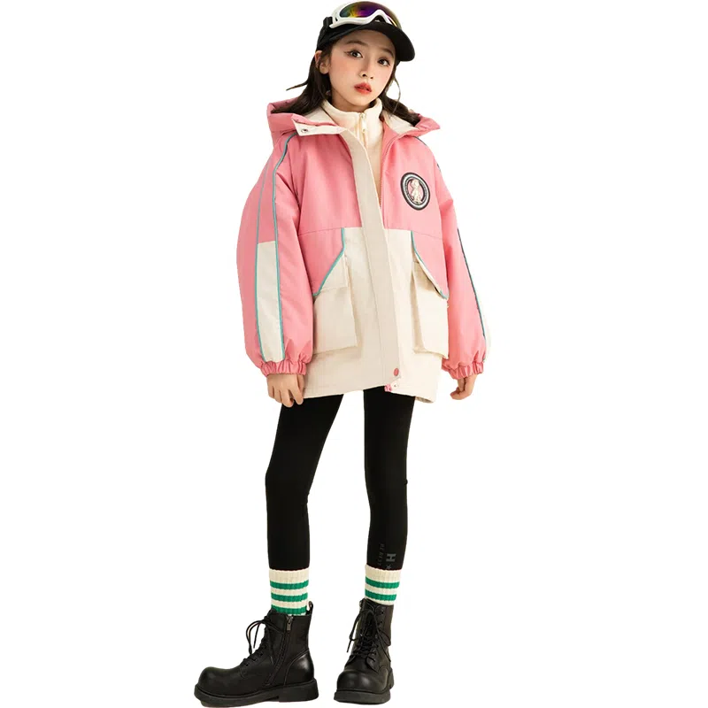 鸭鸭 童装 拼色摇粒绒内胆三合一可拆卸户外防水中长款冲锋外套 儿童款 粉色