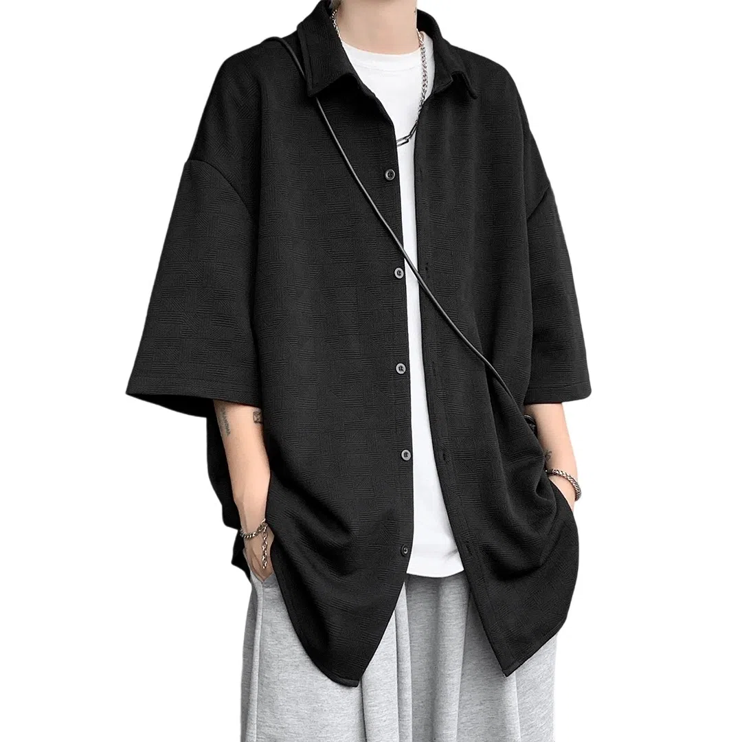 顶峰保罗 无性别主义痞帅潮牌薄款凉感亲肤透气宽松半袖休闲衬衣时尚百搭外套高级感短袖衬衫 男女同款