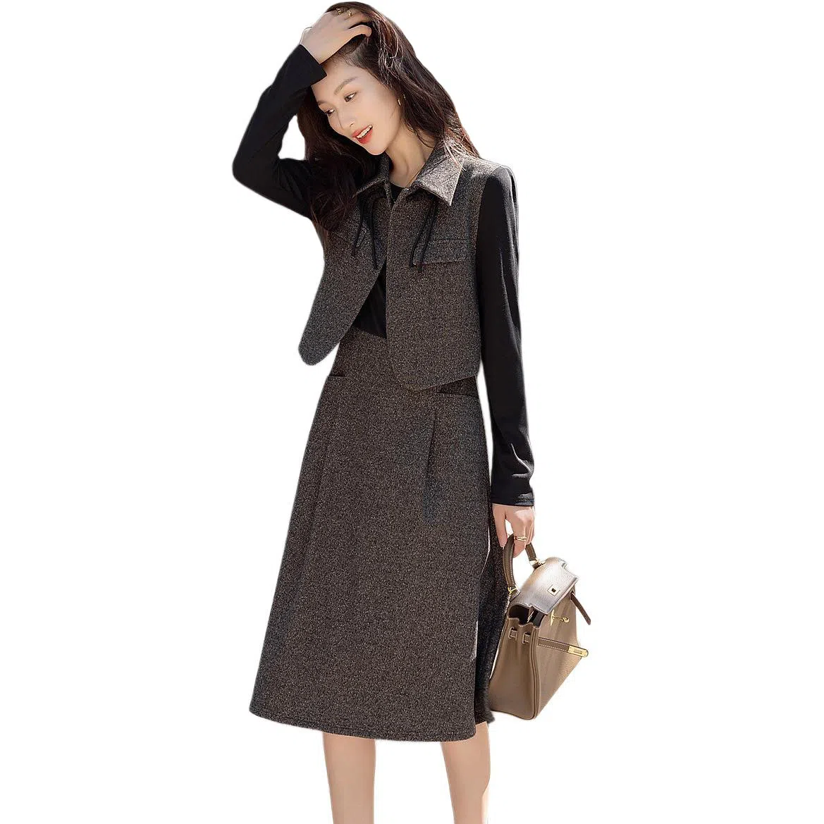 【dme】 时尚休闲简约拼色翻领假两件长袖连衣裙 女款 深灰