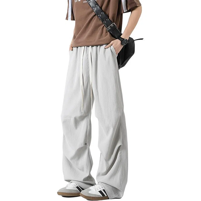 么宁 简约百搭褶皱感宽松直筒潮流时尚薄款舒适透气运动休闲裤 男女同款