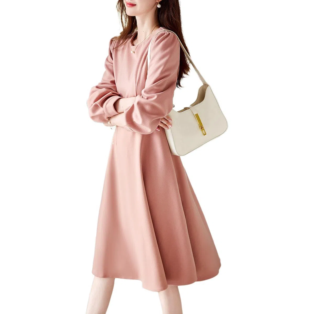 【dme】 纯色中腰圆领长袖连衣裙