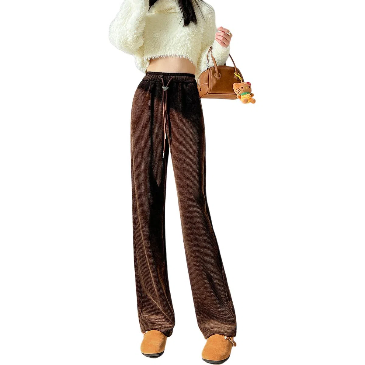 惟熙 高腰宽松阔腿裤舒适简约加厚纯色休闲裤 女款 咖啡色