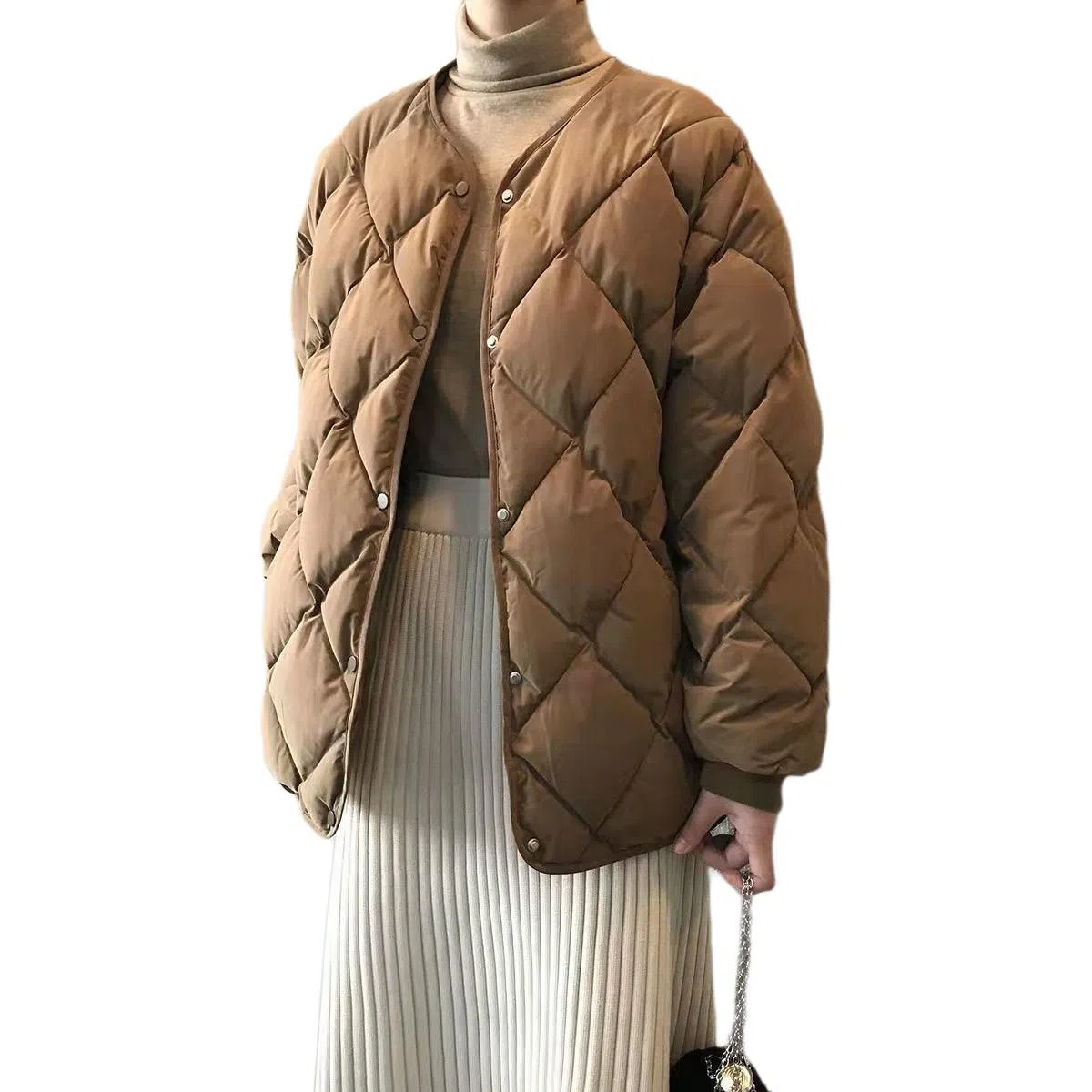 玉儿恋 宽松纯色菱形短款面包羽绒无领棉服 女款