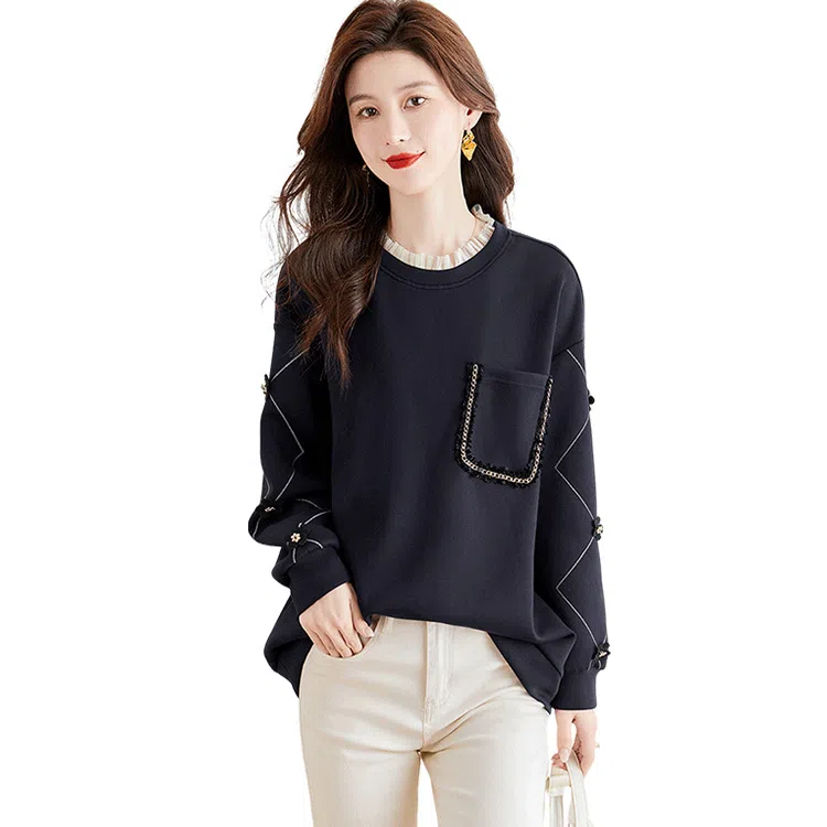 丝柏舍 拼接木耳边圆领套头宽松立体花朵拼色休闲设计感长袖卫衣 女款 藏青色