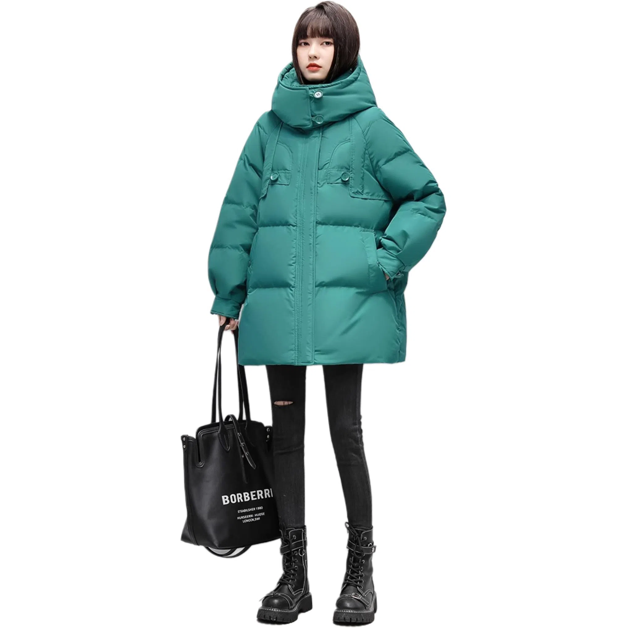 鸭鸭 阔版中长款韩版时尚保暖纯色宽松羽绒服 女款