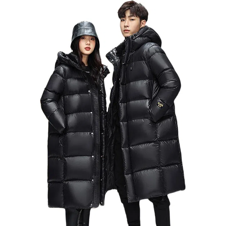 鸭鸭 黑金标奢金保暖加厚纯色过膝连帽防寒羽绒服 男女同款 黑色