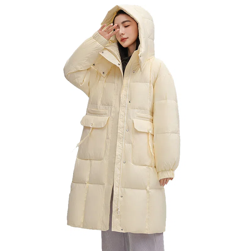 鸭鸭 拉链连帽纯色中长款羽绒服 女款