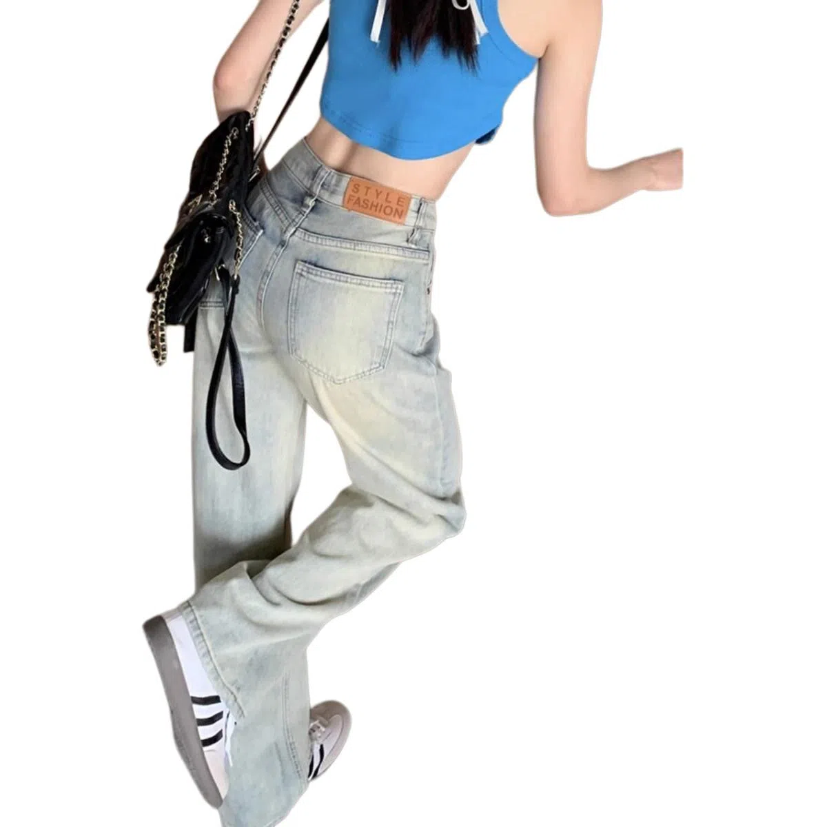 么宁 美式复古高腰做旧梨形身材显高宽松直筒阔腿拖地长裤牛仔裤 男女同款 牛仔蓝