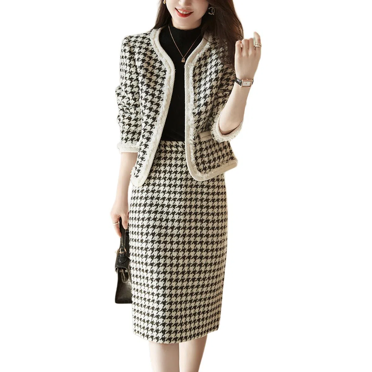 【dme】 圆领撞色千鸟格名媛两件套裙装套装 女款