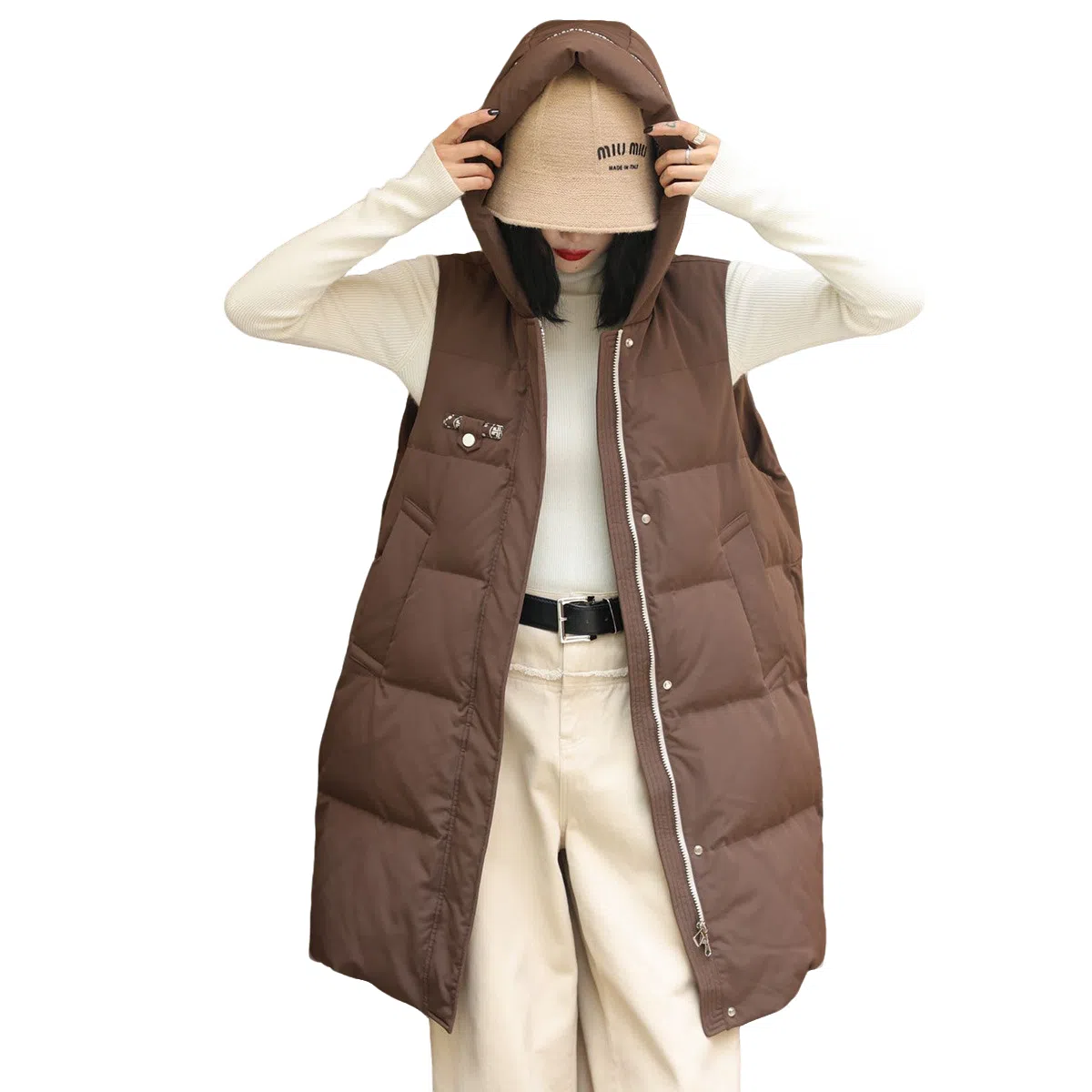 鸭鸭 中长款连帽纯色保暖羽绒服 女款 鹅黄色