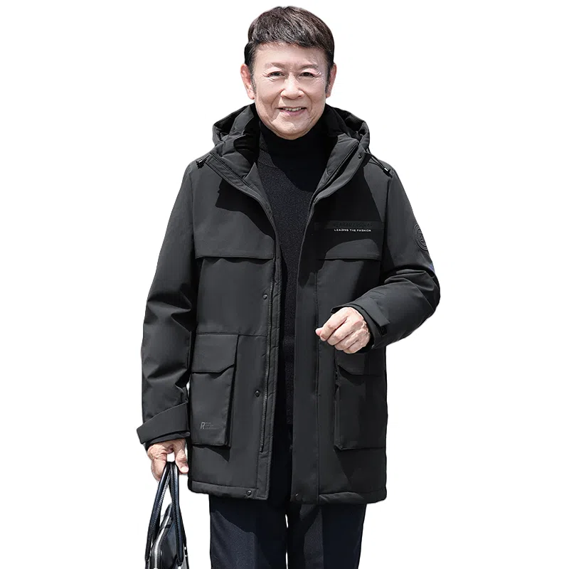 鸭鸭 鹅绒系列中老年爸爸装纯色商务休闲百搭拆卸连帽户外防寒保暖工装中长款羽绒服 男款