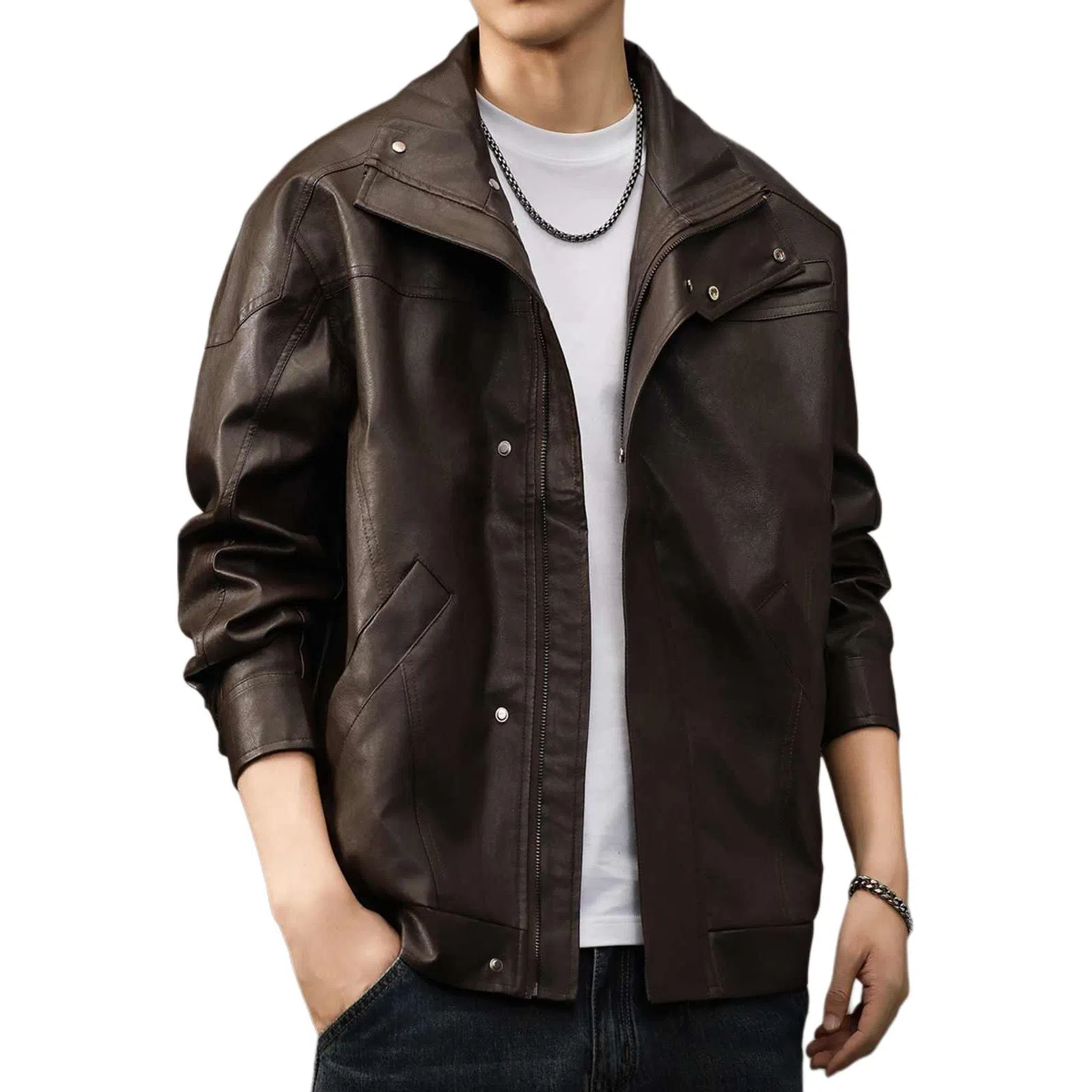 贵色 美式复古机车立领宽松纯色长袖皮衣 男款