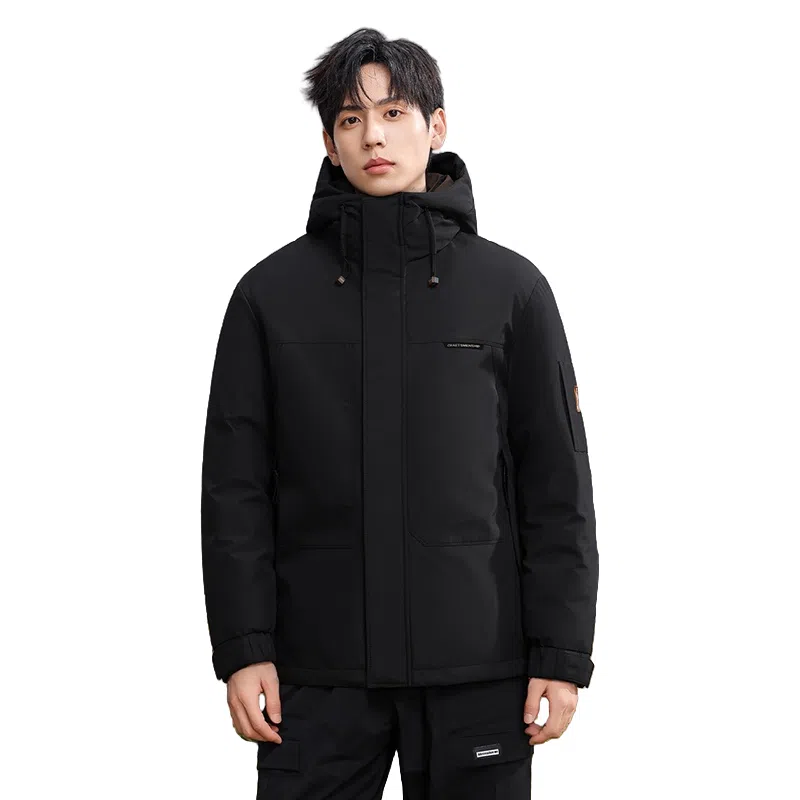 鸭鸭 石墨烯蓄热纯色韩版休闲百搭短款连帽户外防寒保暖工装羽绒服 男款