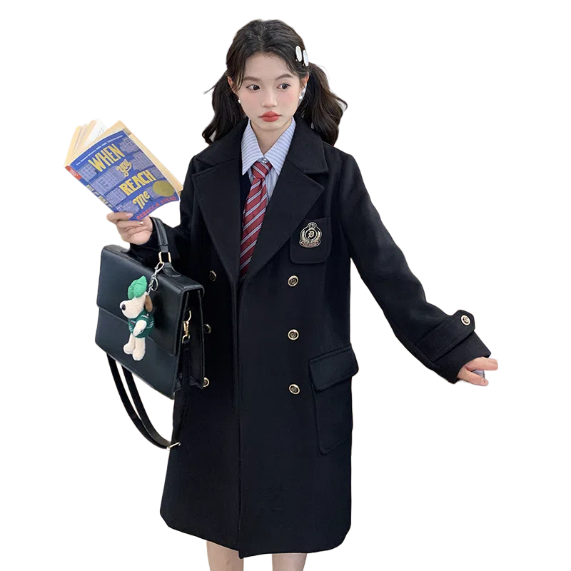东鲸岁时记 毛呢学院风双排扣大衣 女款 黑色