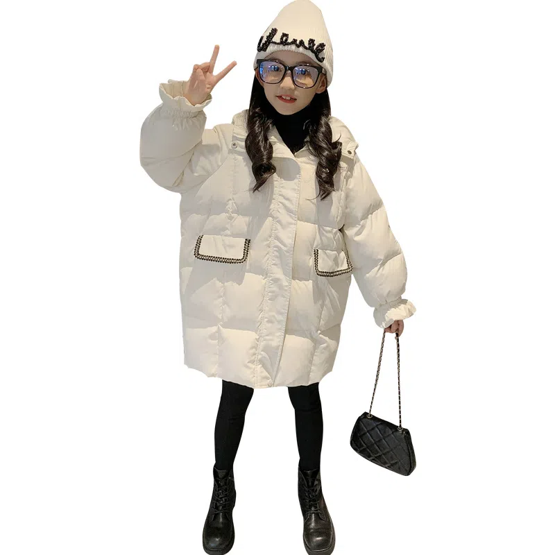 鸭鸭 童装 纯色连帽中长款宽松休闲羽绒服 儿童款