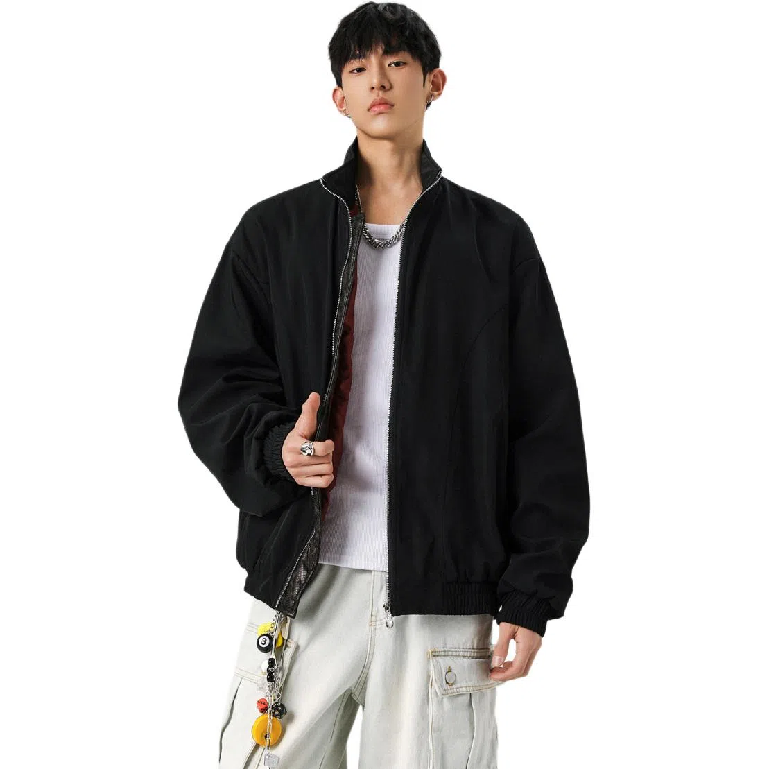 颂希尔 美式休闲立领纯色长袖夹克外套 男女同款