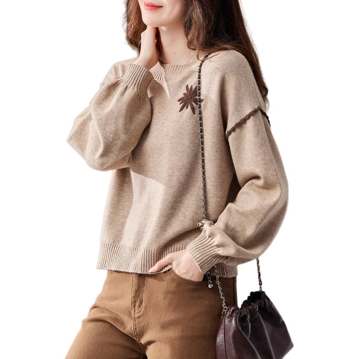 【dme】 纯色圆领长袖针织衫 女款 杏色