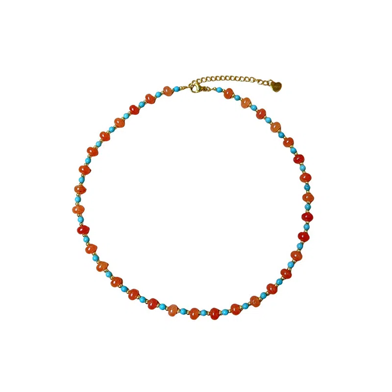心草 夏日多巴胺 蓝红色串珠锁骨链 新中式国潮小清新民族风复古显白 轻奢高级感极简可调节 玛瑙 项链 女款