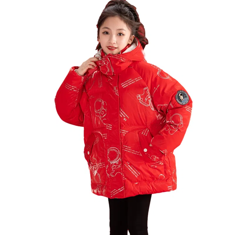 鸭鸭 童装 纯色反光宇航员连帽中长款羽绒服 儿童款