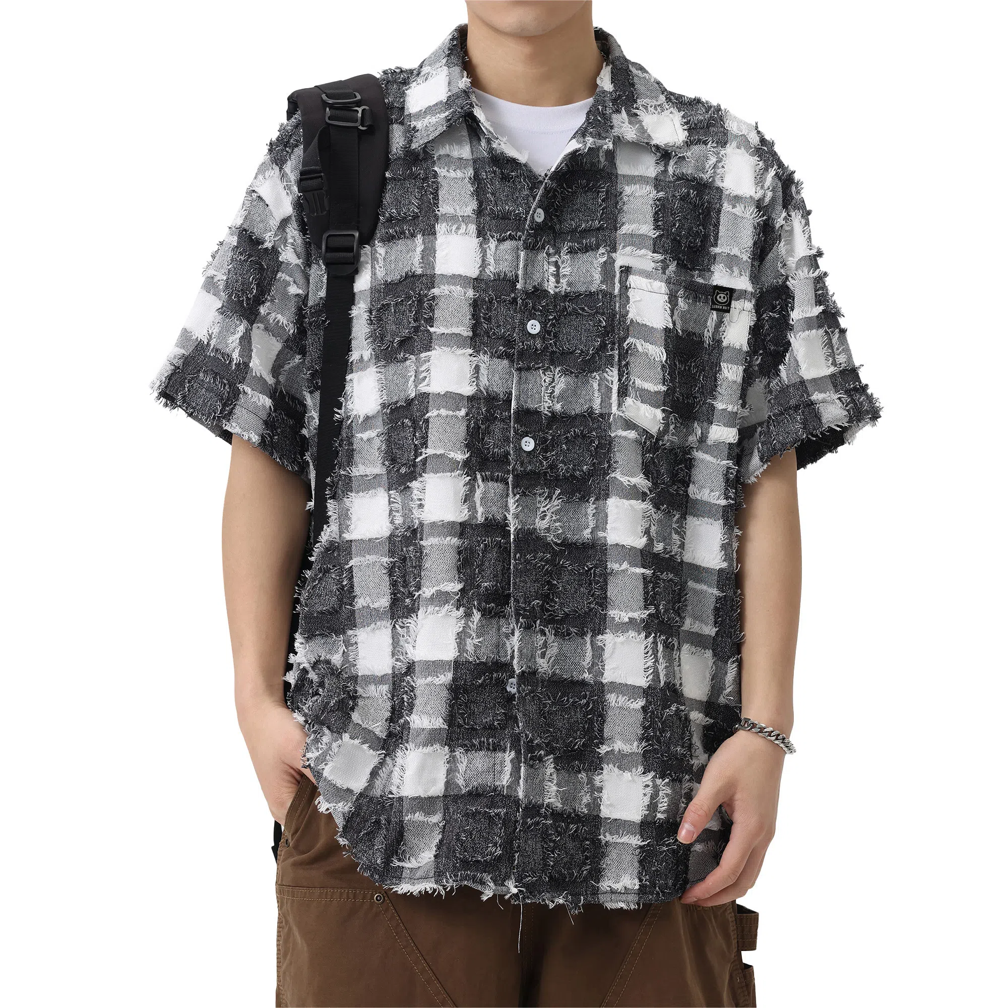 王者荣耀 美式复古格子流苏宽松舒适时尚百搭校园风少年感无性别休闲翻领纽扣短袖衬衫 男女同款