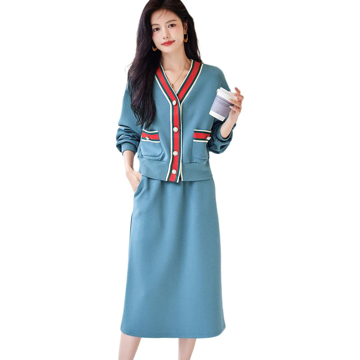 【dme】 休闲条纹长袖上衣纯色长裙裙装套装 女款 湖蓝