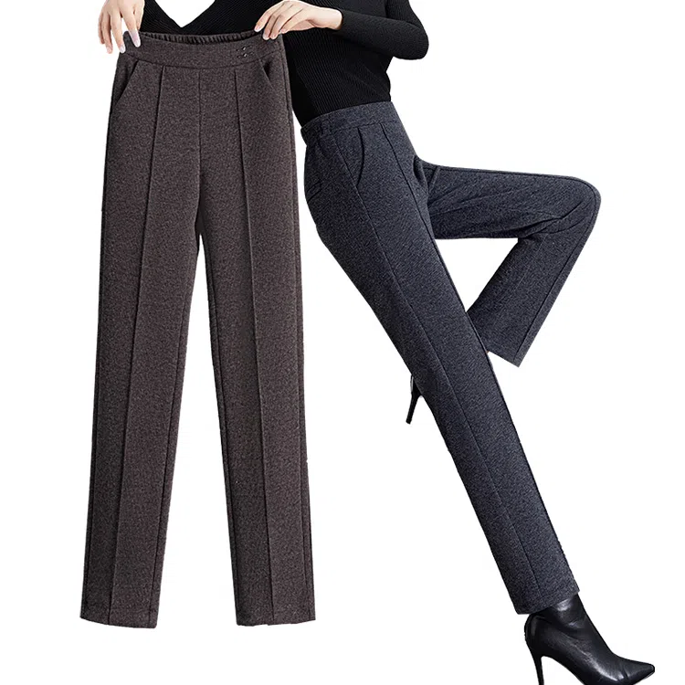 丝柏舍 纯色松紧高腰宽松直筒裤简约长款休闲裤 女款 黑灰条纹