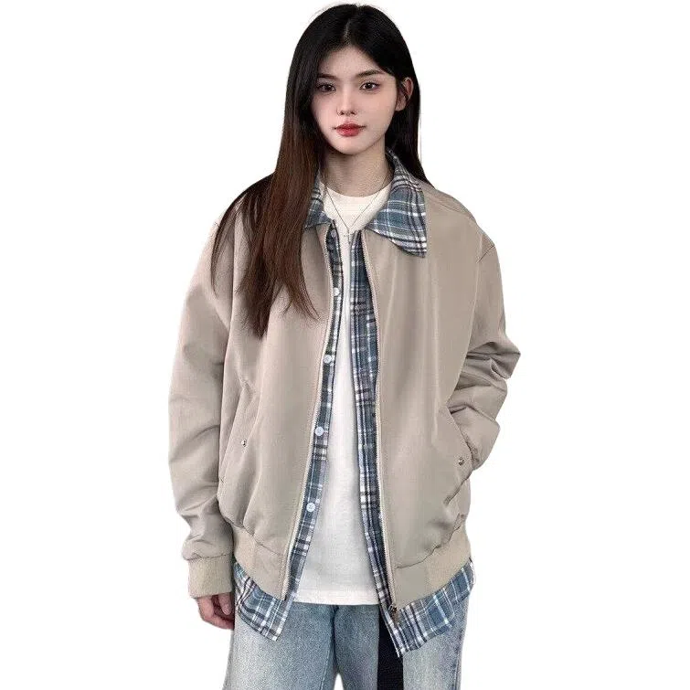 桴生 小众复古撞色格纹两件套情侣百搭外套夹克 女款