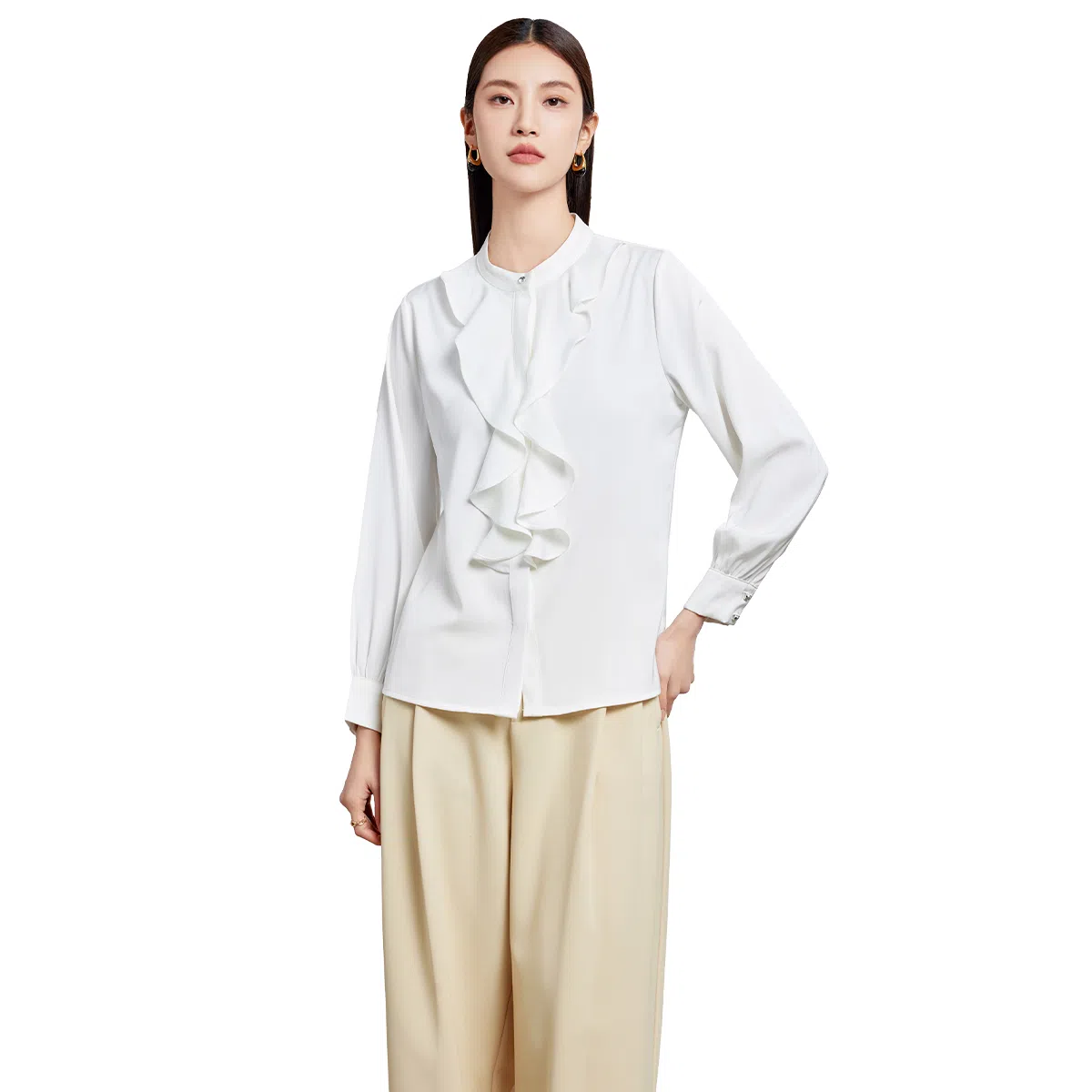 富铤 纯色立领荷叶边休闲长袖衬衫 女款
