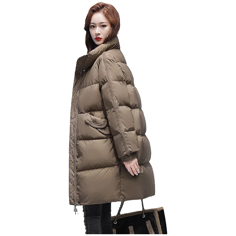 鸭鸭 宽松中长款立领茧型百搭保暖通勤韩系羽绒服 女款