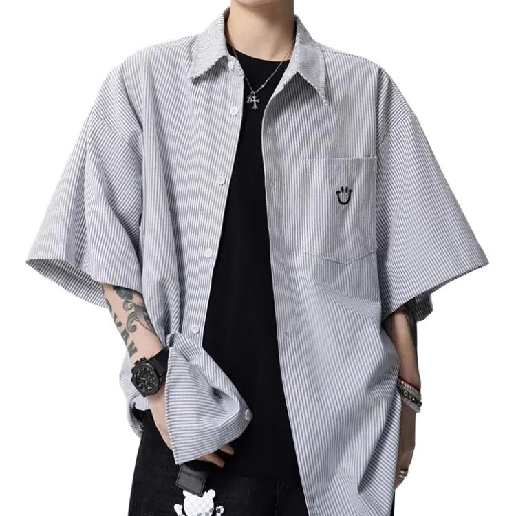 沐诚阳译 美式笑脸宽松古巴领条纹短袖衬衫 男女同款