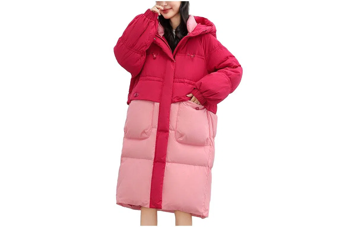 鸭鸭 撞色连帽加厚保暖长款长袖羽绒服 女款