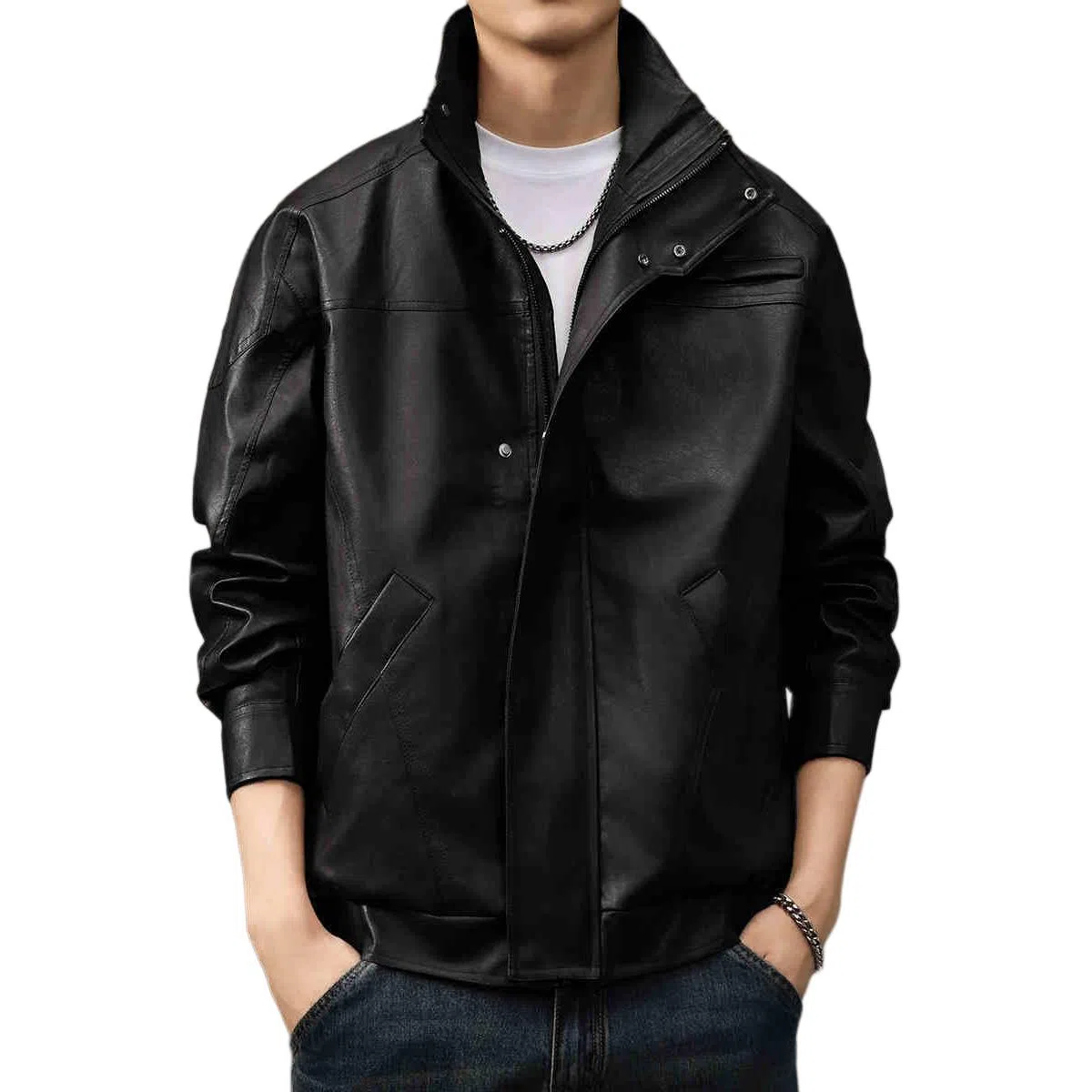 贵色 美式复古机车立领宽松纯色长袖皮衣 男款