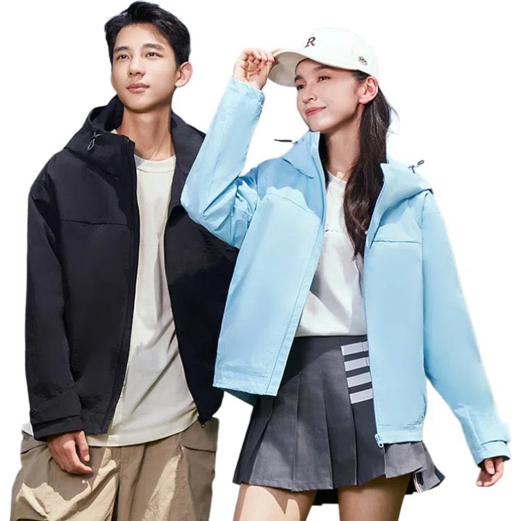鸭鸭 户外露营短款连帽拼色防风夹克外套 男女同款