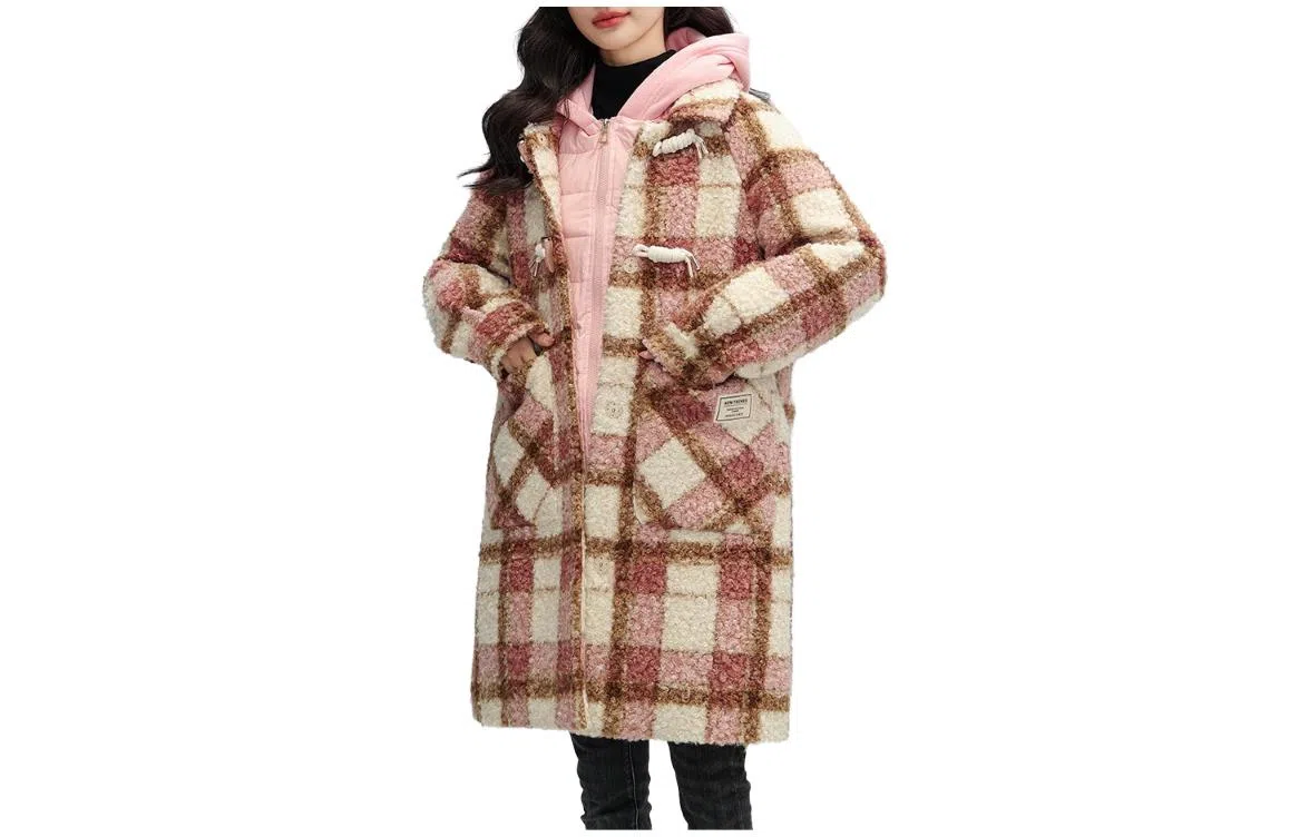 鸭鸭 中长款加厚格子大衣保暖外套真两件羽绒服 女款