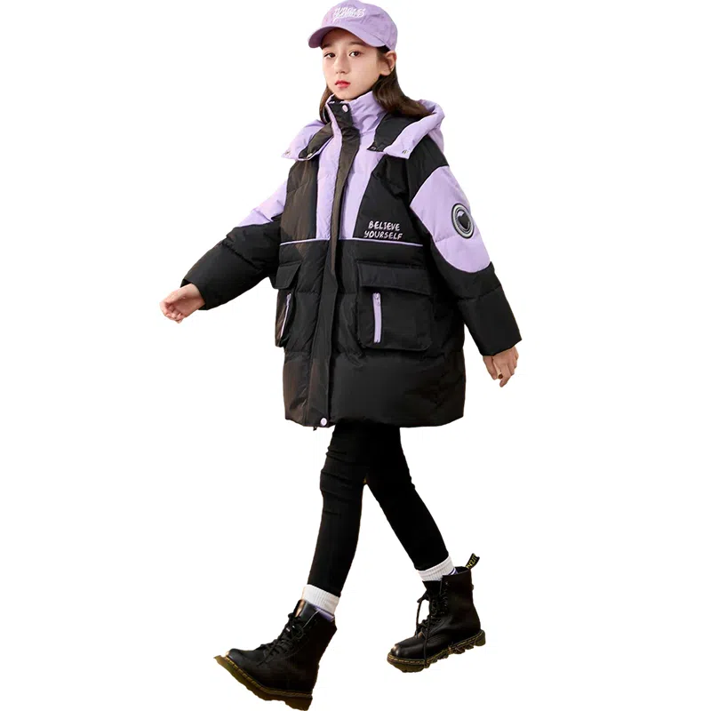 鸭鸭 童装 拼色宽松加绒加厚中长款羽绒服 儿童款