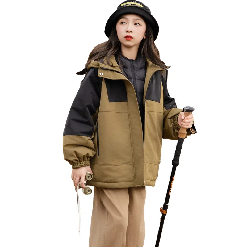 鸭鸭 拼色夹棉羽绒内胆三合一可拆卸防水中长款冲锋衣 儿童款