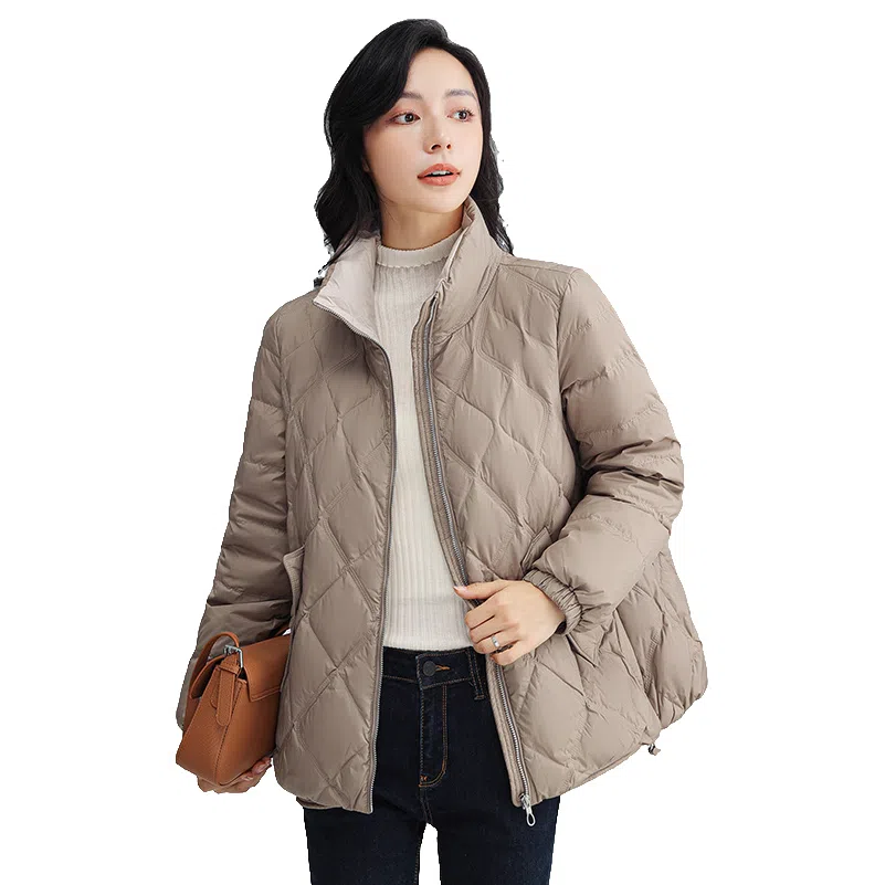 鸭鸭 纯色拉链立领修身长袖轻薄菱格简约百搭时尚休闲通勤日系大口袋羽绒服 女款