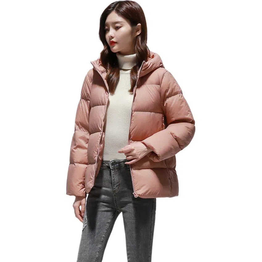 鸭鸭 纯色百搭宽松拉链连帽简约时尚轻薄户外羽绒服 女款