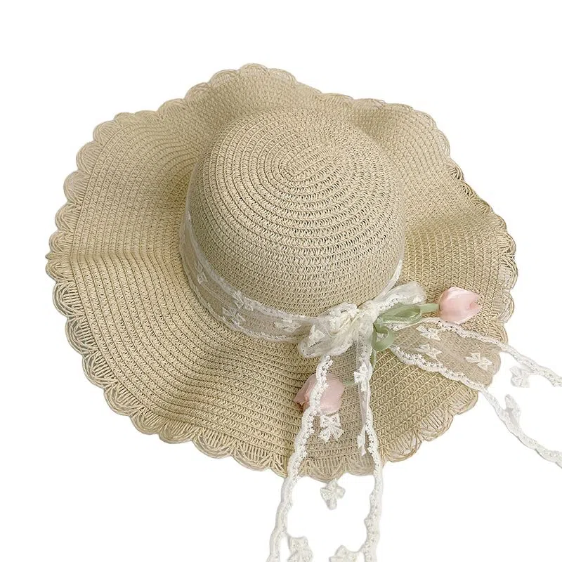 艾佳微 蕾丝花边草编太阳季日系大檐防紫外线盆草海边度假沙滩 纸草 渔夫帽 男女同款情侣款