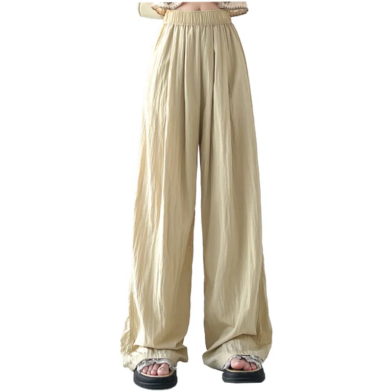兰缪 夏季高腰阔腿裤日系慵懒垂感褶皱薄款休闲裤 女款