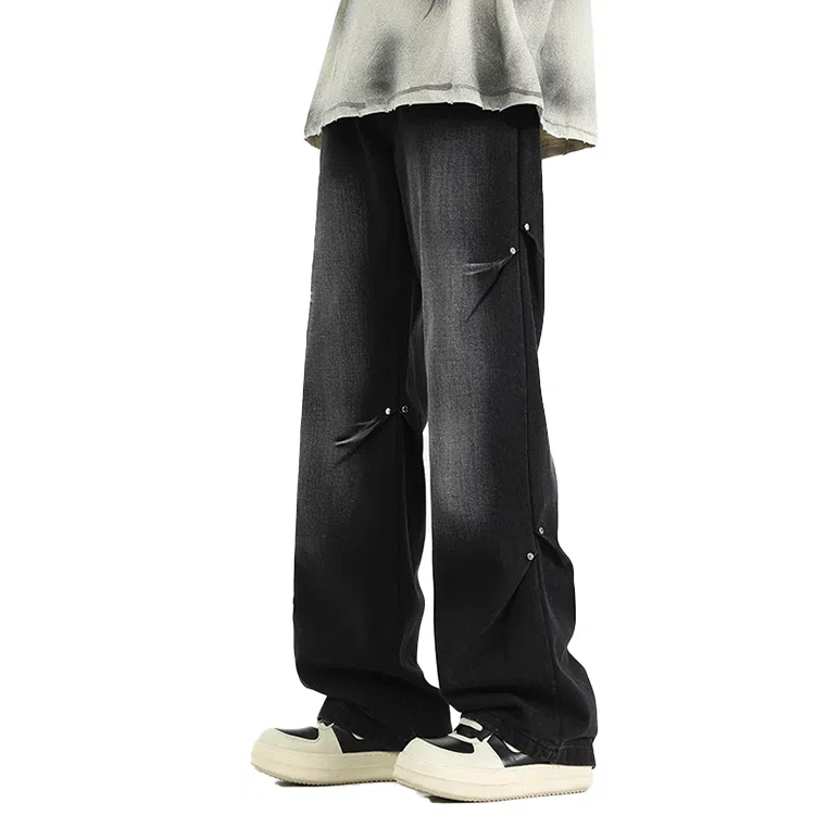 双星八特 复古铆钉春秋季宽松水洗直筒阔腿裤休闲长裤子牛仔裤 男款