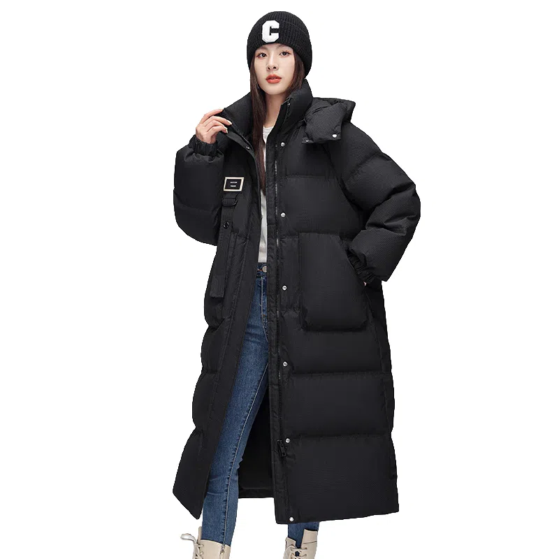 鸭鸭 新国标长款过膝连帽韩版宽松时尚休闲通勤简约加厚保暖羽绒服 女款